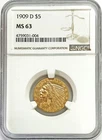 1909 D GOLD US $5 DOLLAR INDIAN HEAD HALF EAGLE COIN NGC MINT STATE 63