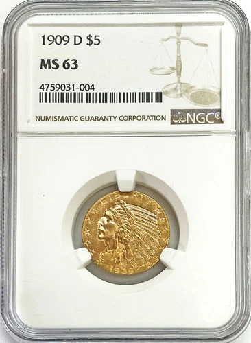 1909 D GOLD US $5 DOLLAR INDIAN HEAD HALF EAGLE COIN NGC MINT STATE 63