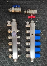 Blue Ridge High Flow SS  1/2" PEX 5 Port Heating Manifold - valves and 1 gauge