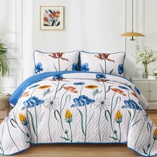 Blue Quilt Set Queen Size,Cute Floral Botanical Bedspread Bedding Set with 2 ...