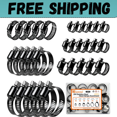 32 PCS Black Hose Clamps Assortment Kit 1/4'' 2'' (6-51mm) Hose Clamps Stainless