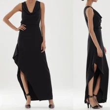 Halston Effle Dress 14 Black Cowl Neck Gown Shimmer Crepe Stretch Drape Maxi