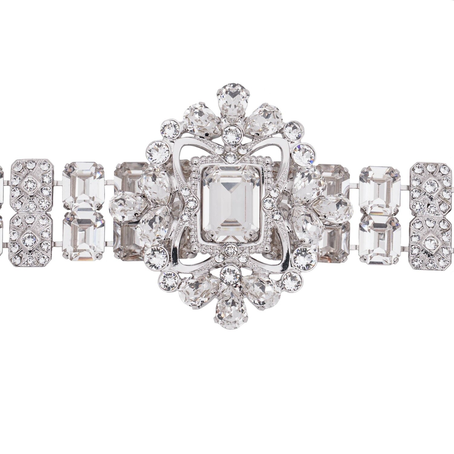 DOLCE & GABBANA Crystal Pearl Pendant Chain Bracelet Silver 13343