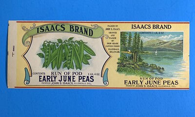 Isaacs Brand Early June Peas Canned Food Label Antique Kitchen Decour 1930S