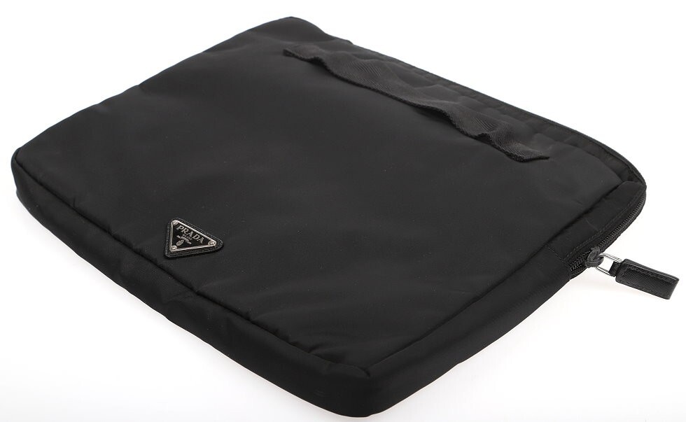 PRADA BLACK TECHNO TRIANGLE LOGO LAPTOP ZIP AROUND CASE BAG