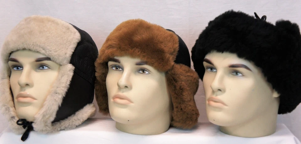 Peau de Mouton Véritable Cuir Hiver Trappeur Ouchanka Chasse Fourrure Chapeau - Photo 4/4