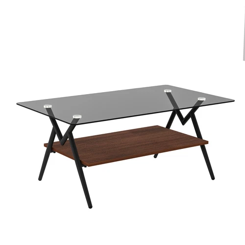 Modern Rectangle Coffee Table Tempered Glass top Brown MDF Shelf Table - Picture 9 of 10