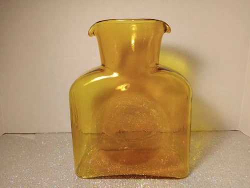 Vintage 60s Blenko Art Glass Double Spout Pitcher Topaz Amber Mid Century Modern
