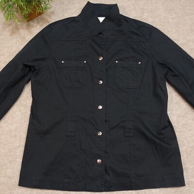 Liz Sport Black Canvas Jacket Size Large Snap Button Up Cotton Spandex Blend