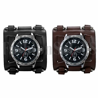 Punk Black Brown Wide Genuine Leather Band Watch Men's Cuff