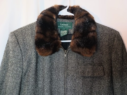 Ralph Lauren Womens Herringbone Tweed Fur Collar Jacket 6 Wool Silk Old Money - Picture 2 of 14