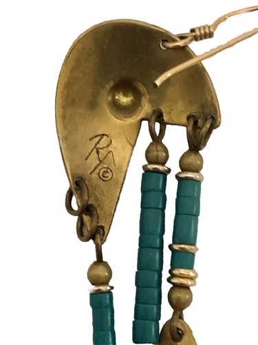 Rare Artist Ron Miyashiro Brass Dangle Earrings Etched Tribal Brooch Pendant - Picture 9 of 13