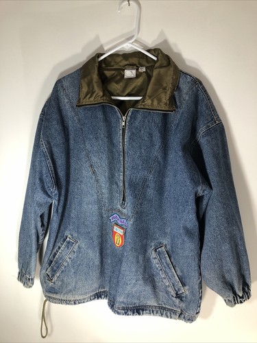 VTG 80s 90s Ocean Pacific Retro Denim Jean Pullover 1/2 Zip Jacket Size L