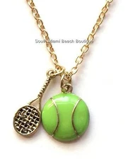 Gold Tennis Ball Sport Necklace Racquet Enamel Sports Mom Plated USA Seller