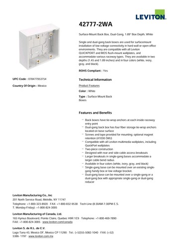 Leviton 42777-2WA Surface Mount box, Dual Gang, White - 5 Pack - Unopened - Afbeelding 3 van 3