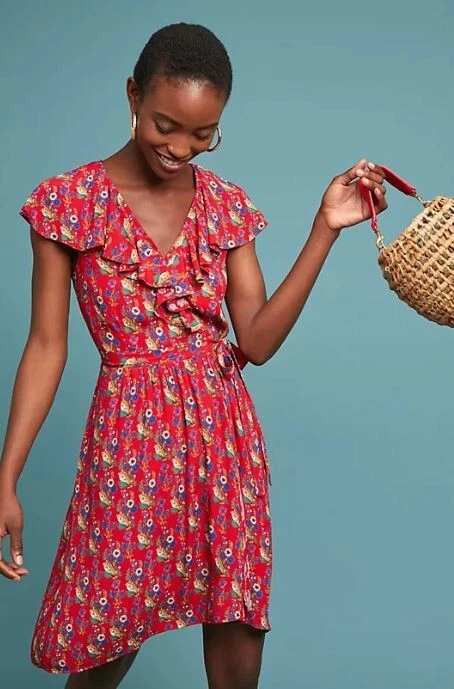 New Maeve Rosalia Wrap Dress Size 2 Red Floral Anthropologie Ruffled | eBay