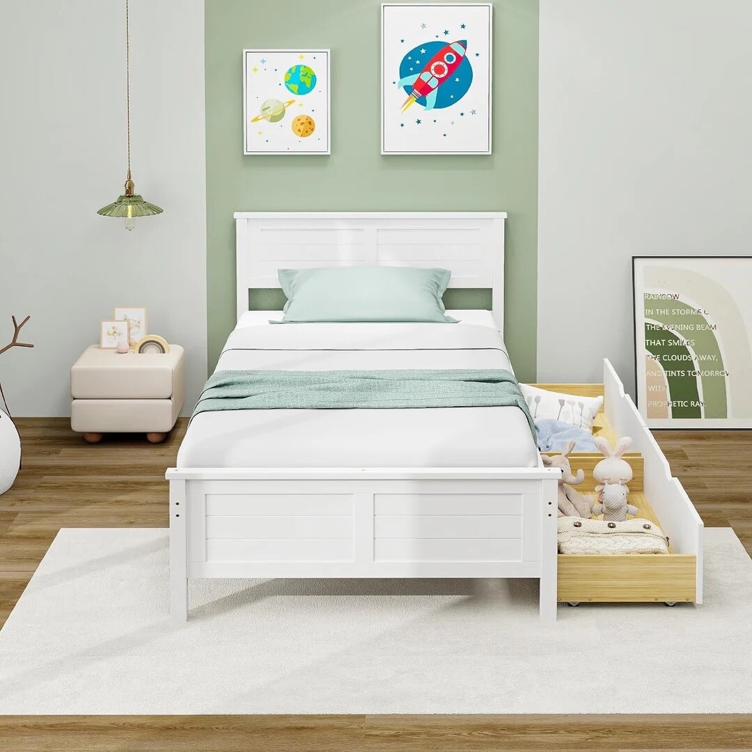 Twin Wooden Bed Frame with 2 Storage Drawers & Under-bed