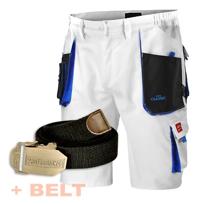 ARTMASS WEISS - Combat SHORTS HERREN ARBEIT - halber Gummibund - Arbeitskleidung mehrere Taschen + GÜRTEL