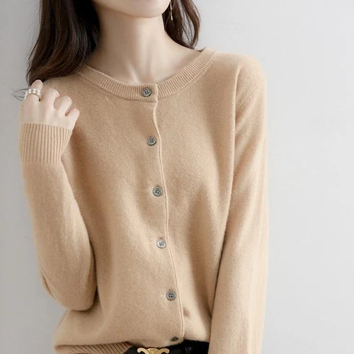 Cárdigan suéter simple de mezcla de cachemir para mujer color liso cuello redondo chaqueta abrigo - Imagen 24 de 37