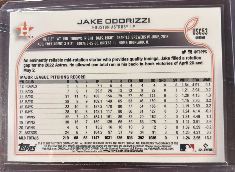2022 Topps Chrome Update Series - Jake Odorizzi #USC53 Purple Refractor - Image 2 of 2