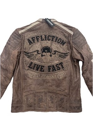 MENS AFFLICTION LIVE FAST SKULL Brown Leather Jacket Embroidered Size Medium NWT