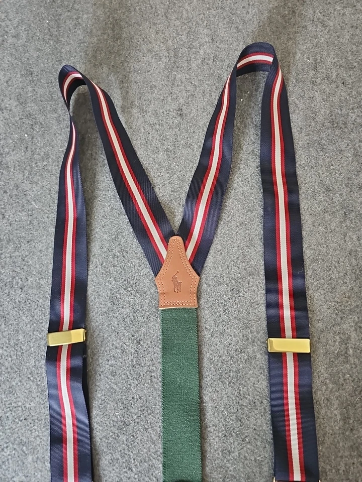 De Colección Polo Ralph Lauren Azul Marino/Borgoña/Tostado Rayas Tirantes con Latón y Cuero Foto 2 de 4