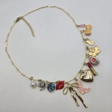 gold watch chain charm necklace coquette bow teapot pearl Cowboy boot heart