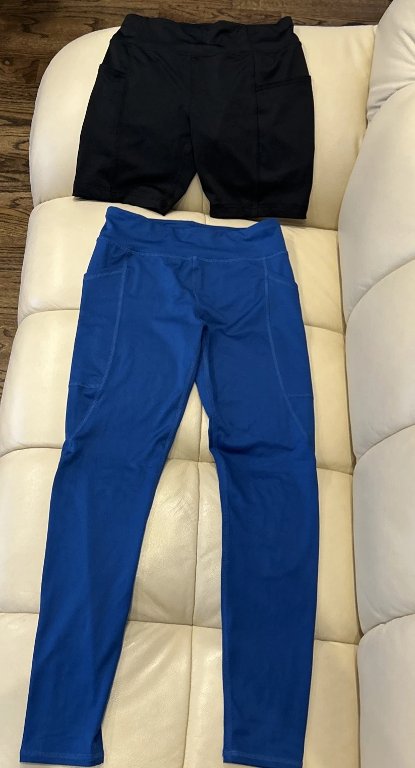 NEW 2 Pieces Girls Blue Athletic Leggings & Black Biker Shorts With Pockets