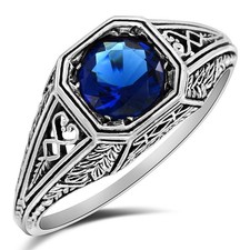 1CT Treated Blue Sapphire 925 Sterling Silver Vintage Look Ring Sz 7