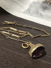Vintage Brass Purple Tourmaline Stone Faceted Watch Fob Pendant Brass Chain 12.5