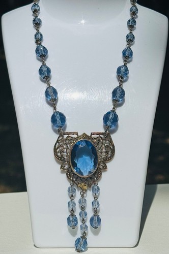 Vintage Art Deco Czech Blue Glass Filigree Necklace Antique Brass Lavalier Drop