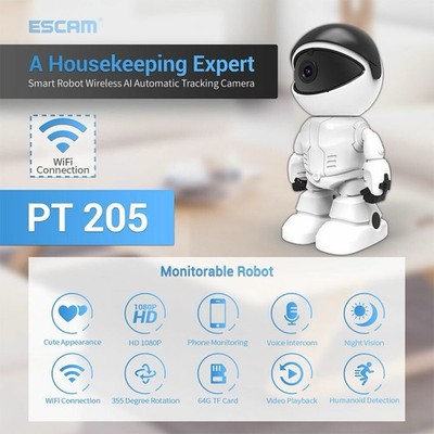 ESCAM PT205 1080p PTZ WiFi Robot Camera AI Motion Tracking Voice Intercom HD Cam