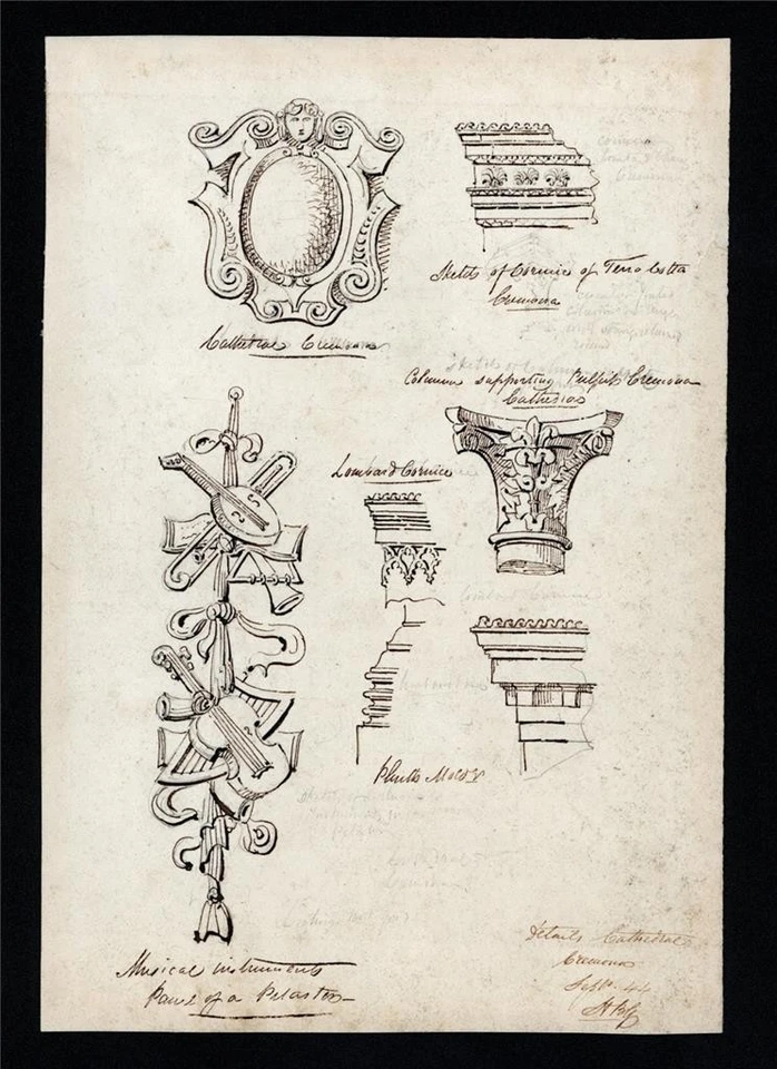 H. B. Garling Pen & Ink Drawing Architectural Study Cremona Cathedral Italy 1844 - image 2 of 4