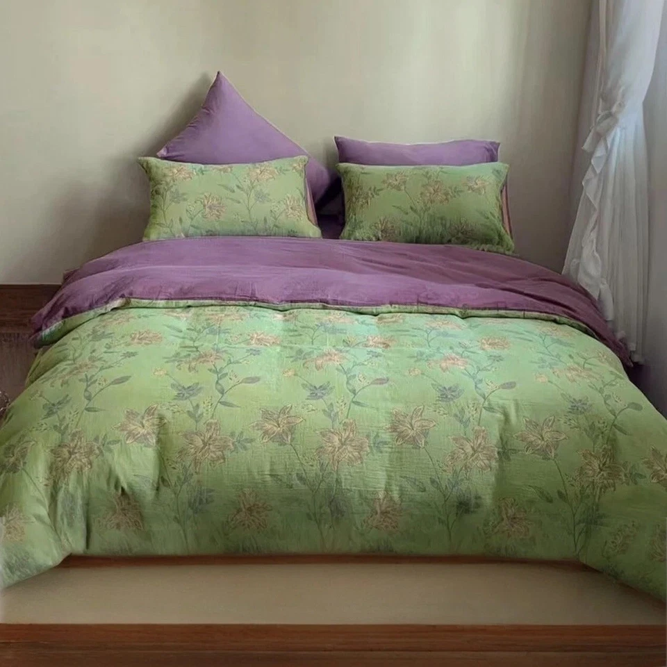 NEW Anthropologie Green Purple Floral Linen Queen / King Bedding Duvet Sham Set - Image 3 of 4