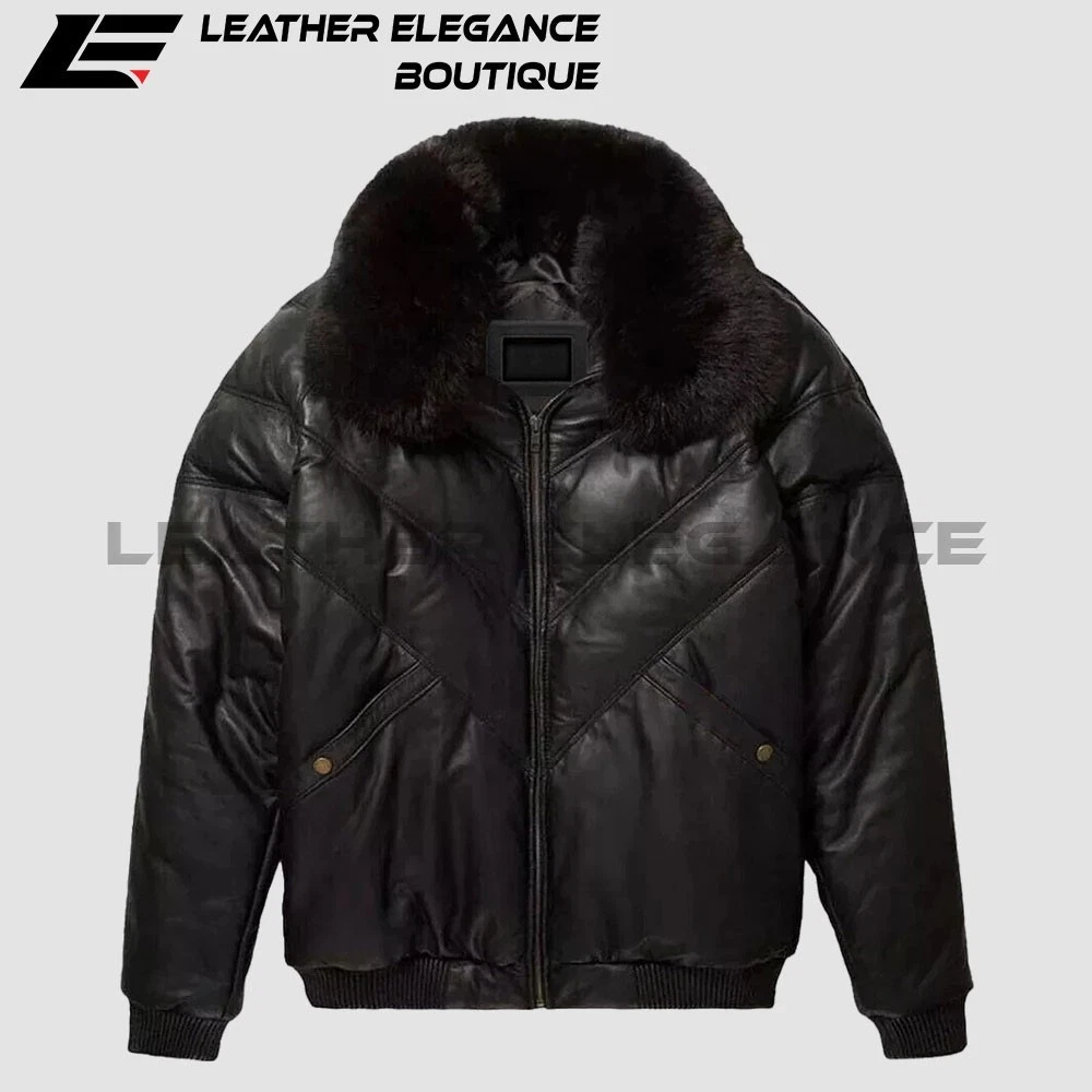 Men’s Genuine Sheepskin Leather Puffer Bomber Jacket with Handmade Fur Collar