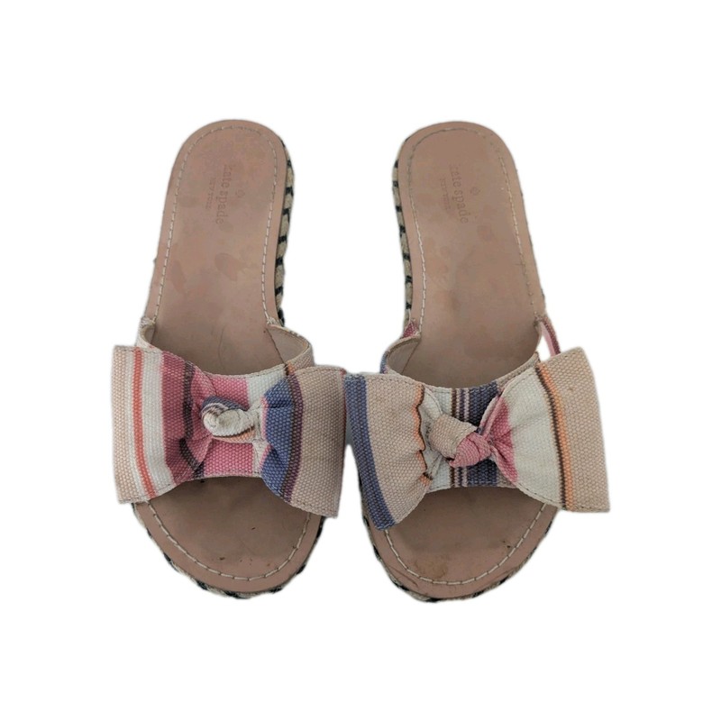 Kate Spade Sandals 8.5 Striped Canvas Bow Tie Slides Flats Slip On Shoes Cute!