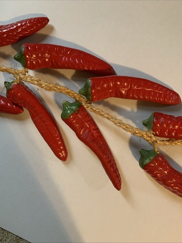 Large 9 Hanging Red Hot Chili Peppers Kitchen Decor On Rope Ceramic - Picture 6 of 10