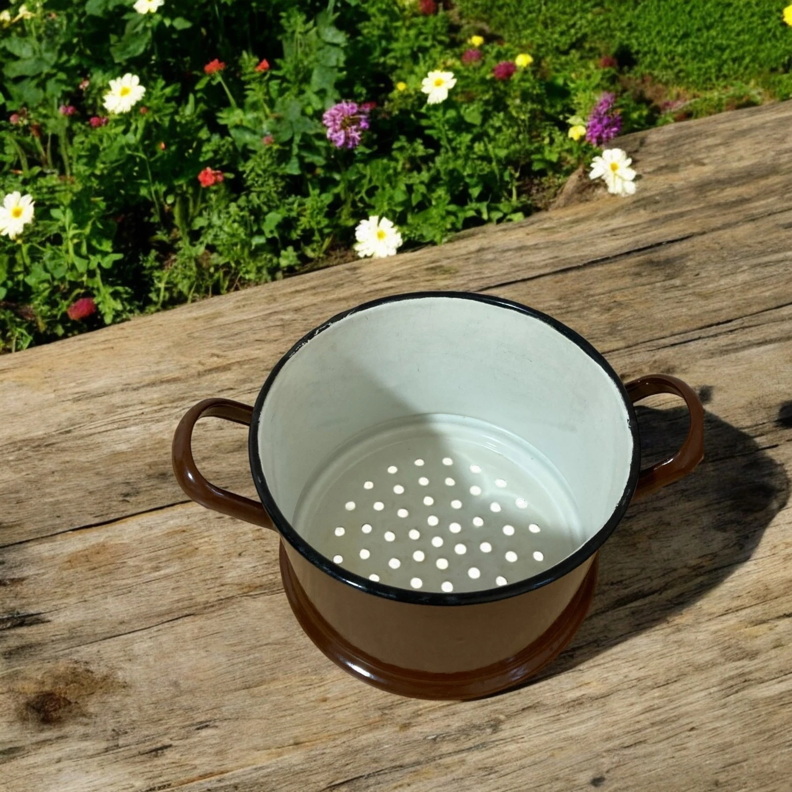 Rustic Brown Enamel Colander Two Handled Vintage Sieve Strainer Drainer Farmhous