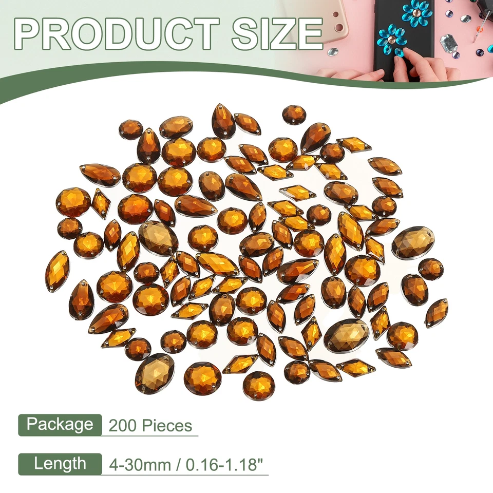 200Pcs Sew on Rhinestones Flatback Crystal Acrylic Gems Mixed Shape, Amber - Изображение 2 из 4