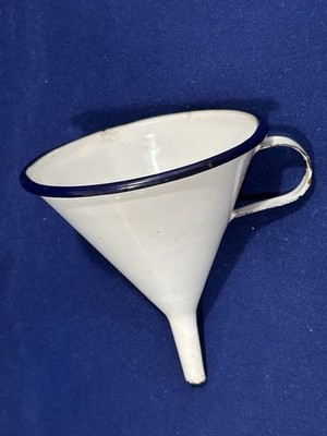 Vintage style white Enamel Blue rim metal Funnel 4'' - Rustic farmhouse Decor