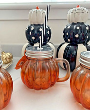 Halloween Glass Mason Jar Pumpkin Shaped Drinking Glass With Straw NEW