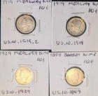 Lot of 4 Mercury and Barber Dimes 1899, (2) 1919, 1929