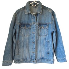 Free People Distressed Studded Trucker Jean Jacket Oversized Blue Denim Sz S