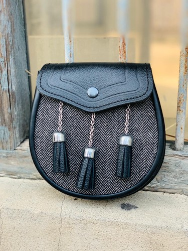 Scottish Highlander Black Leather & Tweed Fabric Sporran With Chain & Strap - Bild 4 von 5