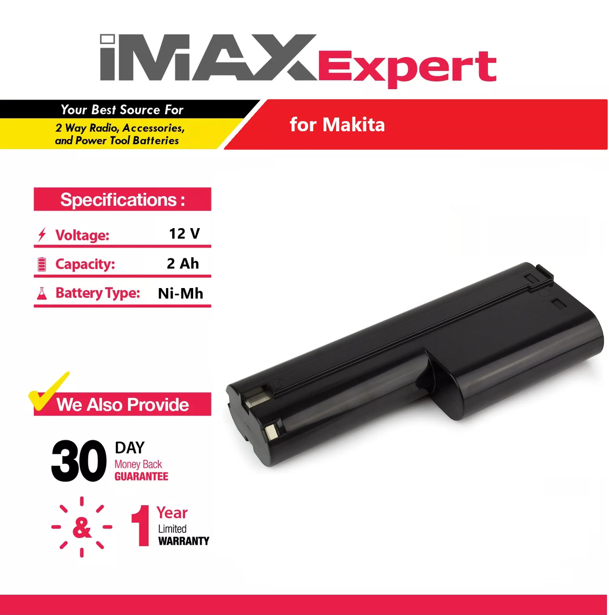 2-Pack 12V 2Ah NiMH Replacement Batteries For Makita 1210