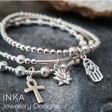 Inka 925 Sterling Silver Stacking Bracelets Set of 3 Lotus Ankh & Hamsa Charm