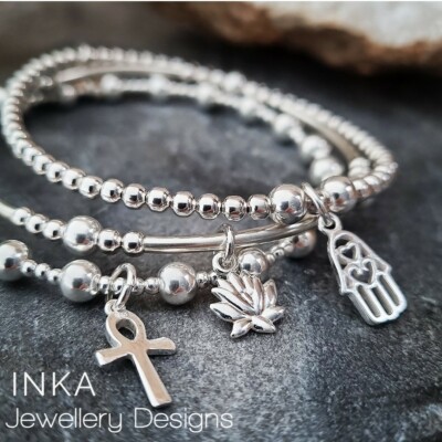 Inka 925 Sterling Silver Stacking Bracelets Set of Lotus Ankh