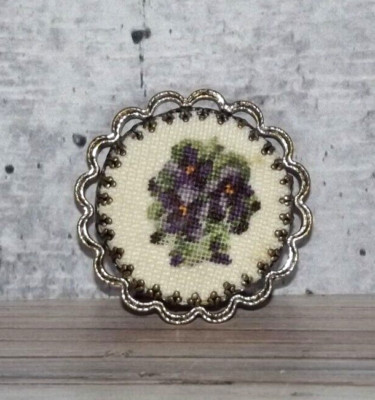 Vintage Petit Point Embroidery Needlepoint  Brooch Pin Violets Floral EB1