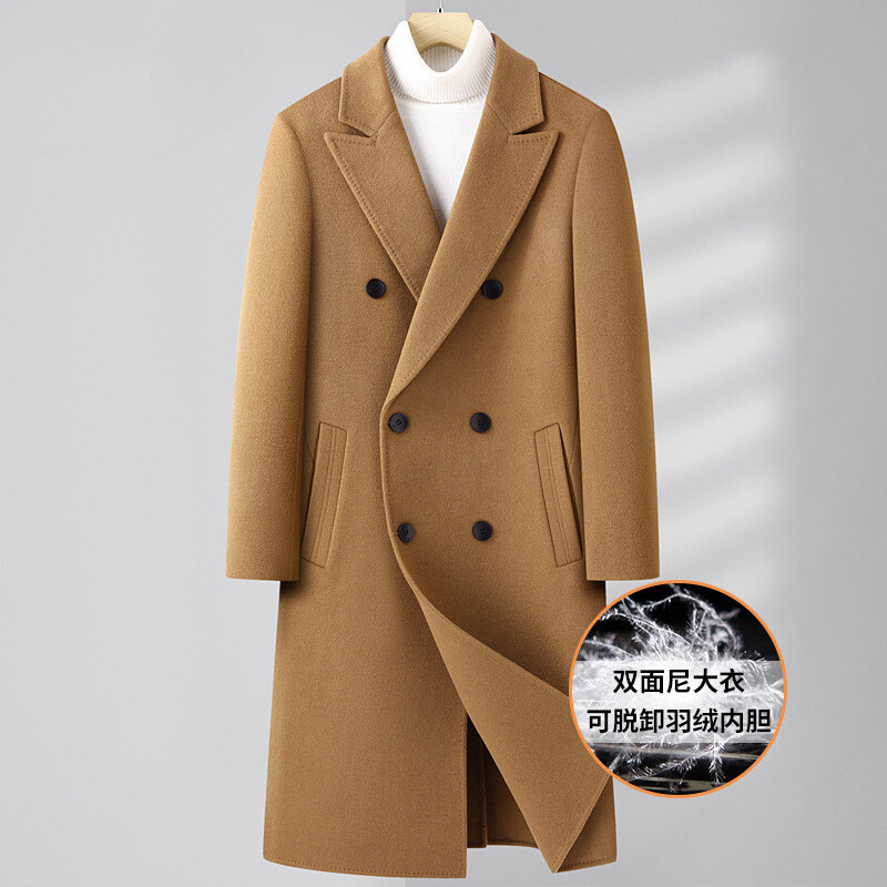 Men Wool Overcoat Double Breasted Mid Long Trench Coat Detachable