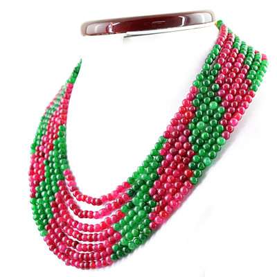 RARE 7 LINE 626.00 CTS EARTH MINED RED RUBY & GREEN EMERALD ROUND BEADS NECKLACE